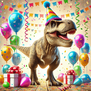 tyrannosaurus rex wearing a birthday party hat at a dinosaur party