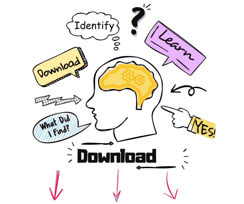 fun drawing of human head thinking and pointing to the 3 downloadable books students can get