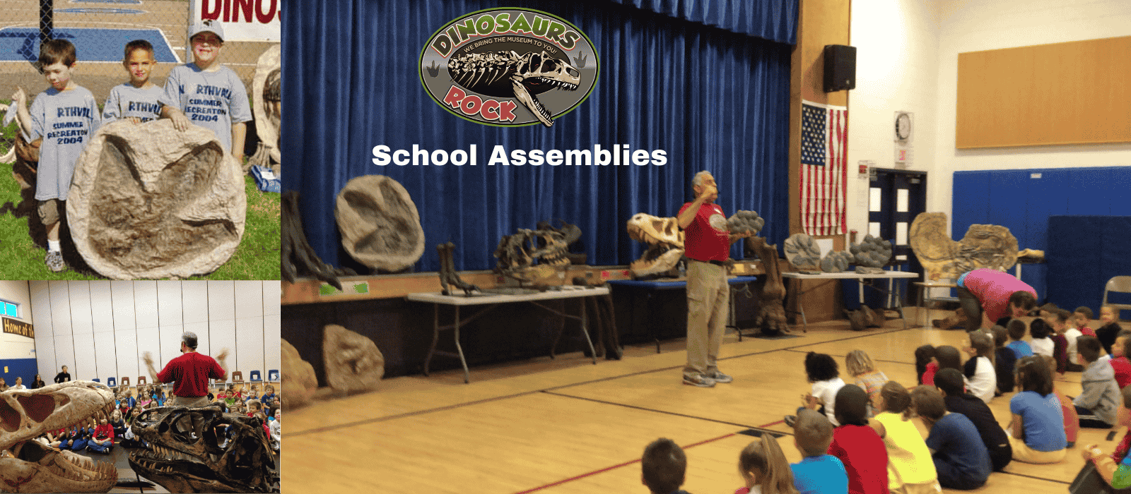 student standing next to t-rex footprint, dinosaurs rock instructor doing a actual school assembly