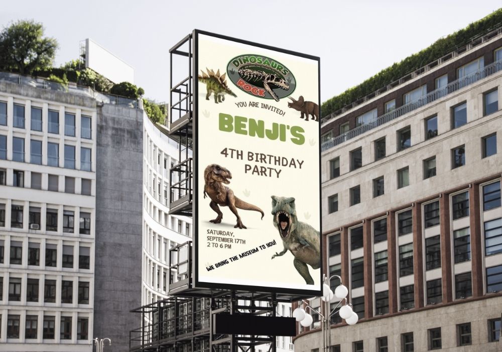 Dinosaurs Rock Birthday Party sign in city, Dinosaurs Rock Logo, T-Rex and Triceratops