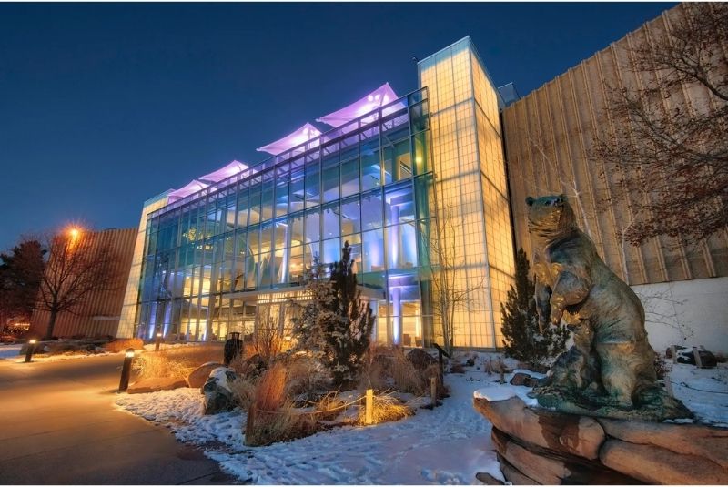 Denver Museum of Nature & Science building with a big bear sculpture outside