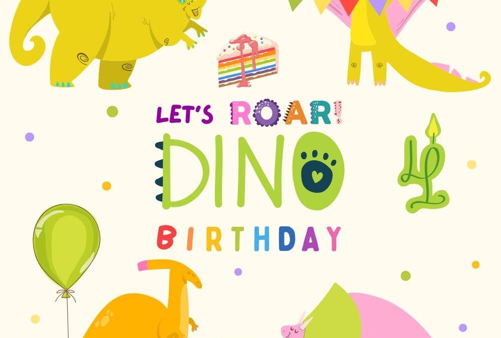 Lets Roar Dino Birthday card featuring 4 cartoon dinosaurs