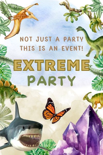 Extreme Party, Dinosaurs, Great white Shark, Amethyst Crystal and Butterfly