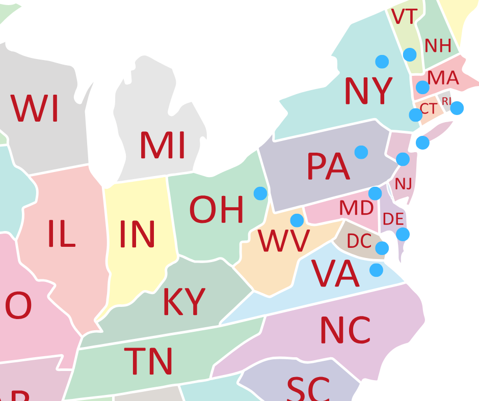 Map of East Coast States USA