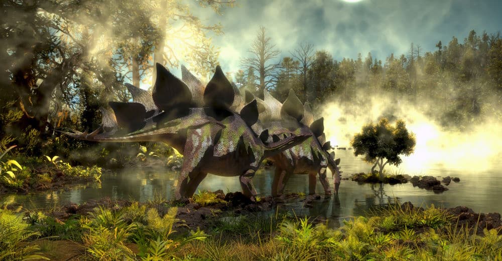 Stegosaurus dinosaurs come down to a marsh for a drink of water in the Jurassic Period of North America.