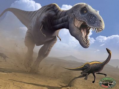 <br />
Tyrannosaurus rex charging after a small velociraptor to try to eat it