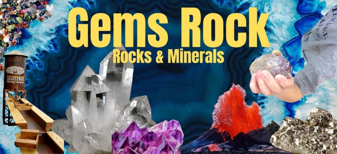 Gems Rock with gem mining sluice quartz crystal amethyst volcano pyrite and a person holding a amethyst crystal they discovered
