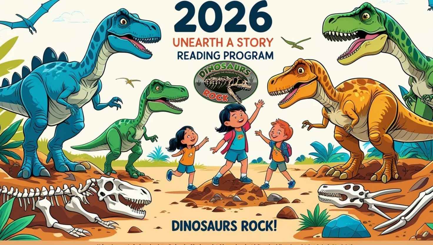 a group of dinosaurs looking at kids on a fossil dig