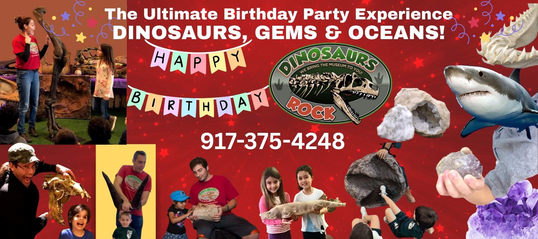 Dinosaurs Rock Birthday Party Banner Showing Dinosaurs, Gems & Oceans with instructors working with kids
