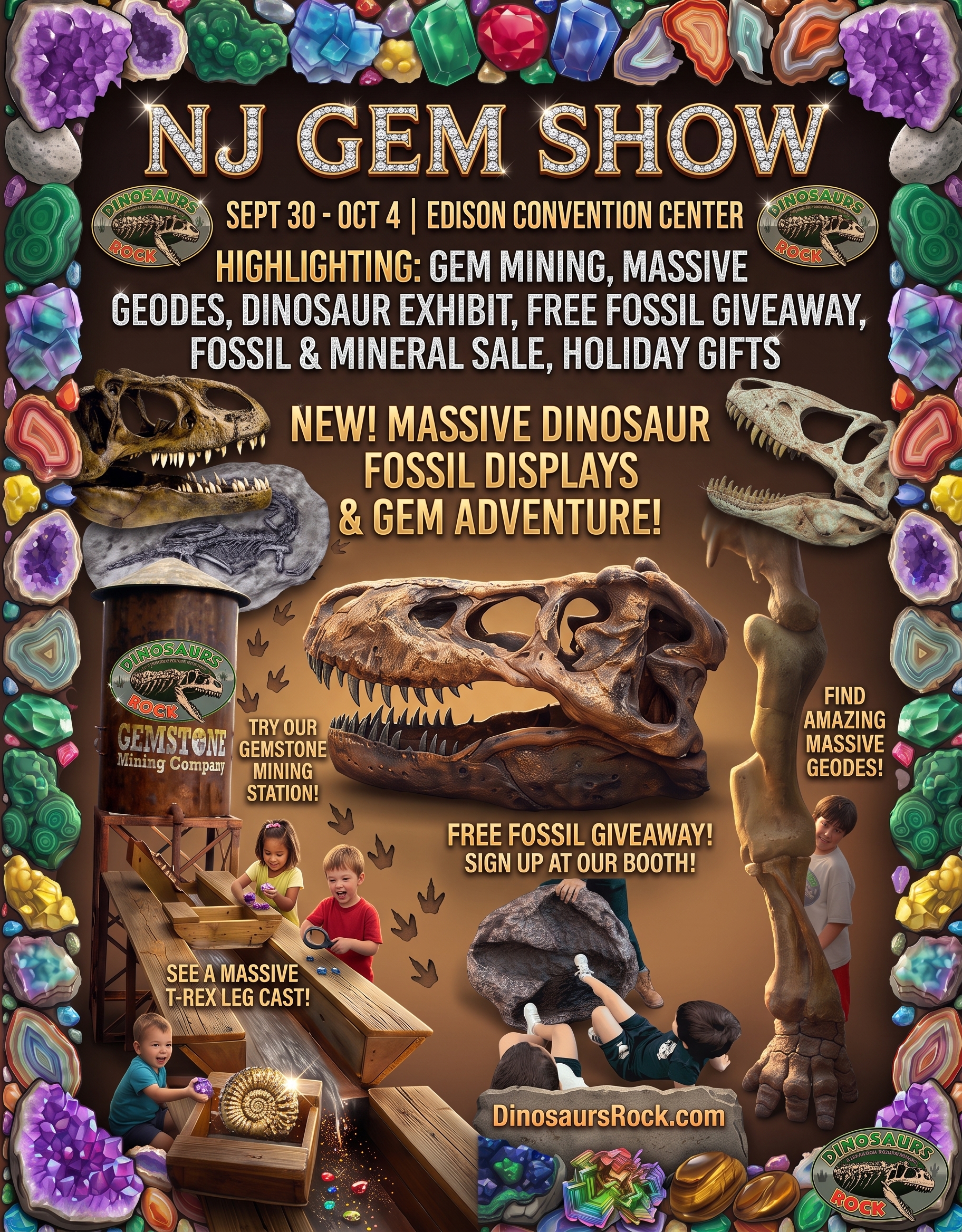 Poster advertising NJ Gem Show with dinosaur fossils, colorful gems border, and attractions like fossil displays and gemstone mining.