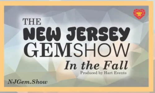 Promotional poster reading 'The New Jersey Gem Show In the Fall' with 'Produced by Hart Events' and 'NJGem.Show', set against a geometric pastel background with a small Hart Events heart logo.